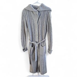 Women’s Long Gray Cable Knit Hooded Cardigan